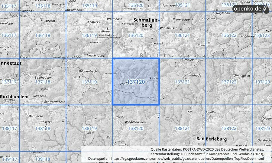 Übersichtskarte des KOSTRA-DWD-2020-Rasterfeldes Nr. 137120