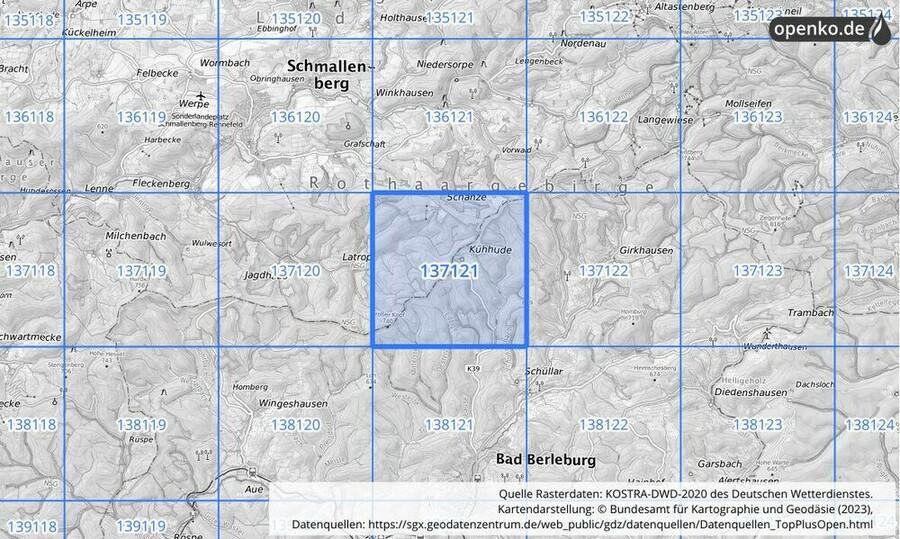 Übersichtskarte des KOSTRA-DWD-2020-Rasterfeldes Nr. 137121