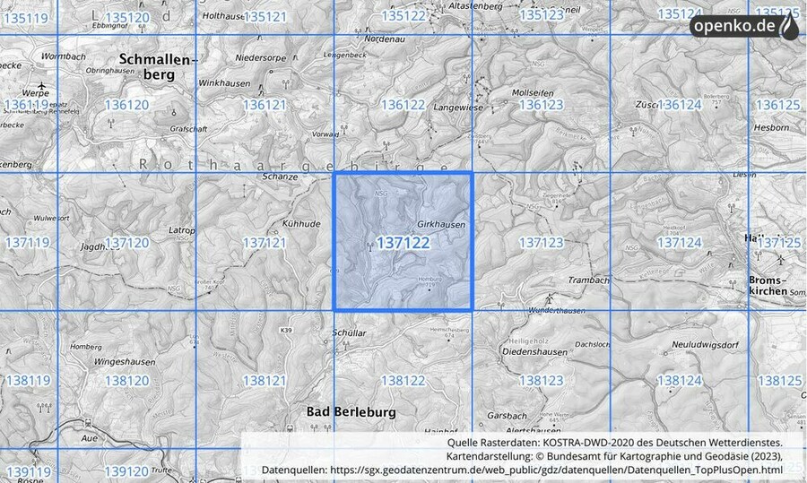 Übersichtskarte des KOSTRA-DWD-2020-Rasterfeldes Nr. 137122