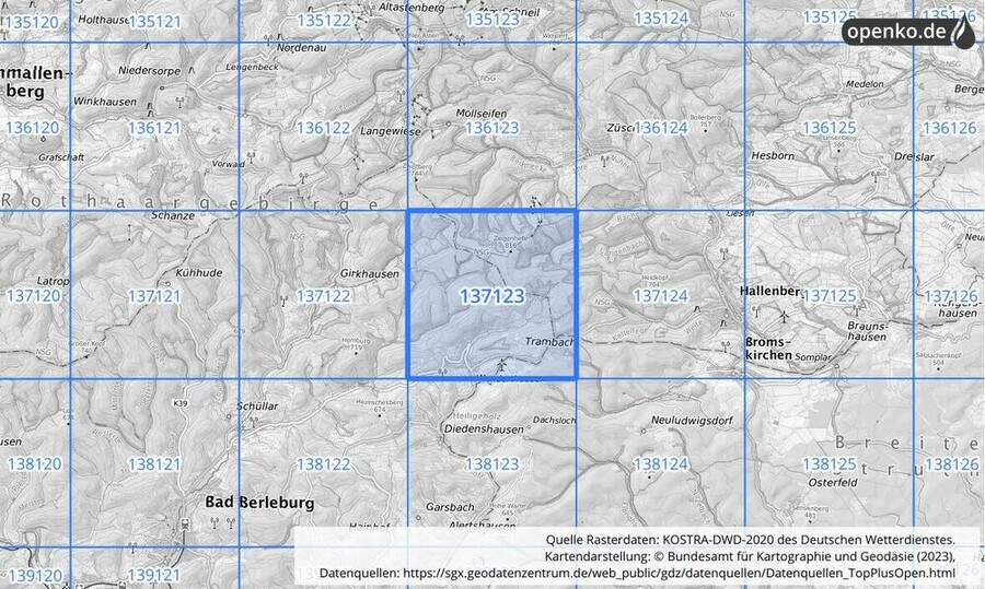 Übersichtskarte des KOSTRA-DWD-2020-Rasterfeldes Nr. 137123