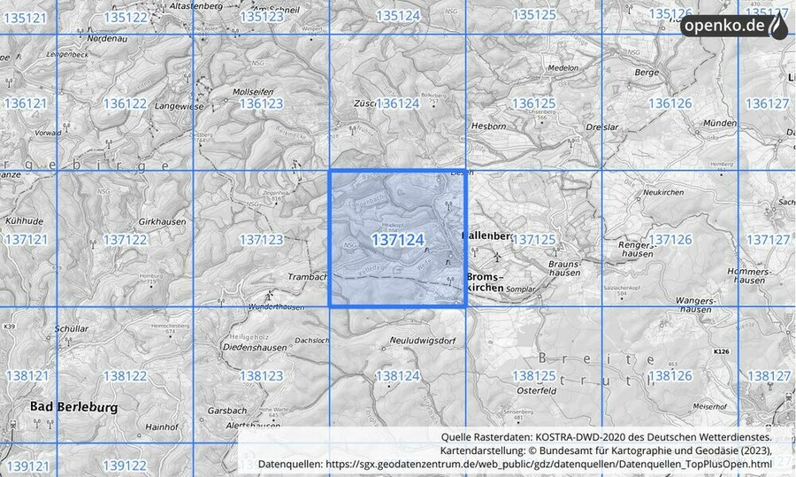 Übersichtskarte des KOSTRA-DWD-2020-Rasterfeldes Nr. 137124