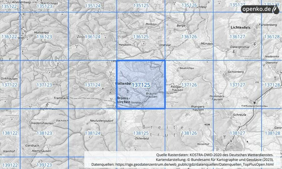 Übersichtskarte des KOSTRA-DWD-2020-Rasterfeldes Nr. 137125