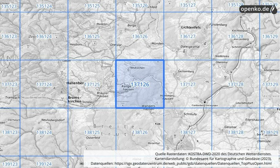 Übersichtskarte des KOSTRA-DWD-2020-Rasterfeldes Nr. 137126