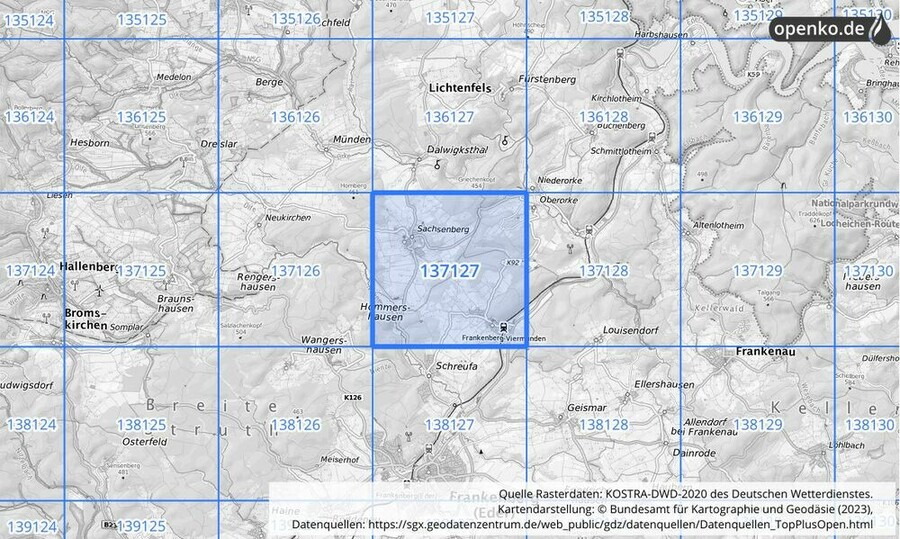 Übersichtskarte des KOSTRA-DWD-2020-Rasterfeldes Nr. 137127