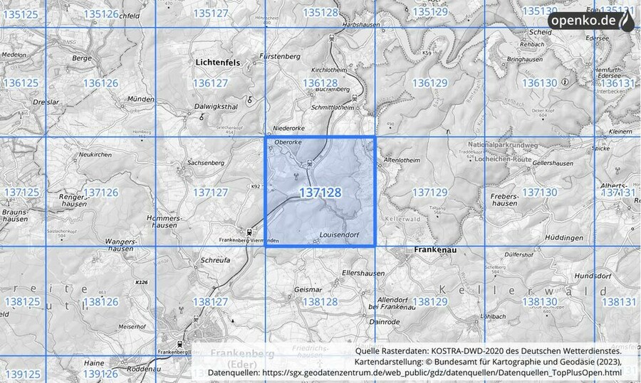 Übersichtskarte des KOSTRA-DWD-2020-Rasterfeldes Nr. 137128