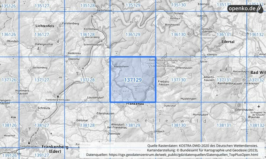 Übersichtskarte des KOSTRA-DWD-2020-Rasterfeldes Nr. 137129