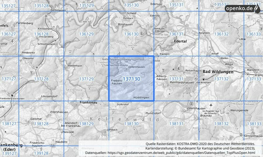 Übersichtskarte des KOSTRA-DWD-2020-Rasterfeldes Nr. 137130