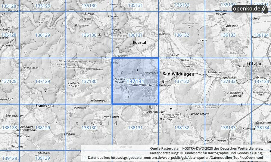 Übersichtskarte des KOSTRA-DWD-2020-Rasterfeldes Nr. 137131