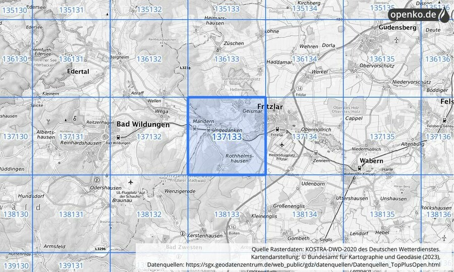 Übersichtskarte des KOSTRA-DWD-2020-Rasterfeldes Nr. 137133