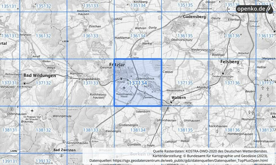 Übersichtskarte des KOSTRA-DWD-2020-Rasterfeldes Nr. 137134