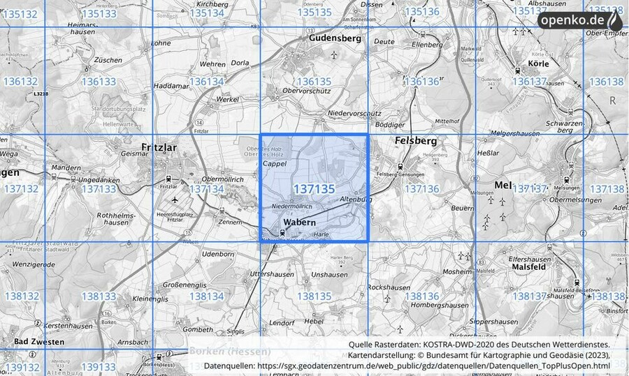 Übersichtskarte des KOSTRA-DWD-2020-Rasterfeldes Nr. 137135