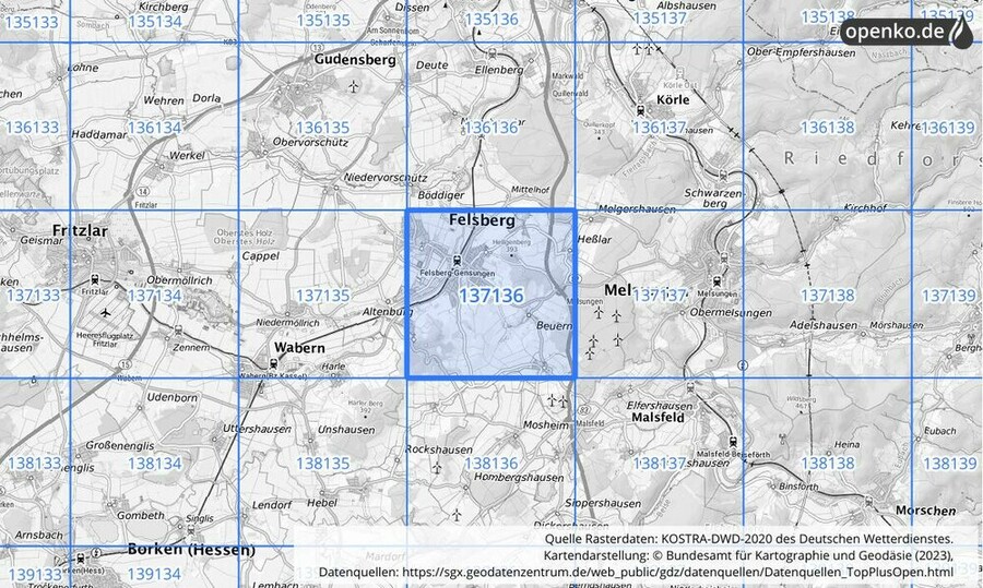 Übersichtskarte des KOSTRA-DWD-2020-Rasterfeldes Nr. 137136