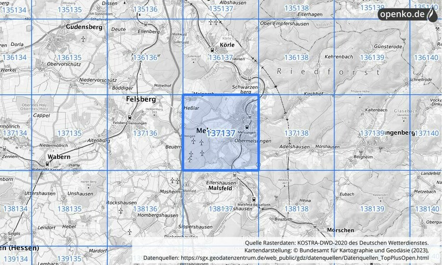 Übersichtskarte des KOSTRA-DWD-2020-Rasterfeldes Nr. 137137