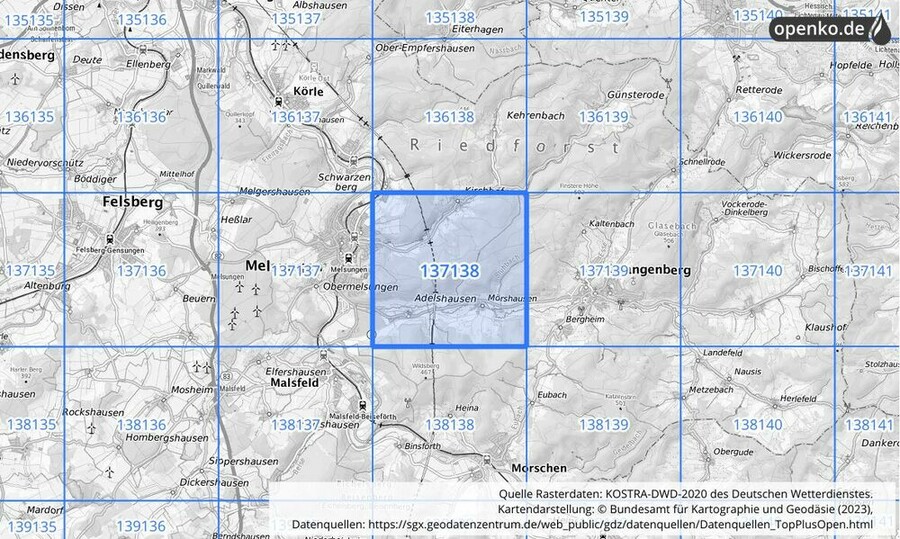 Übersichtskarte des KOSTRA-DWD-2020-Rasterfeldes Nr. 137138