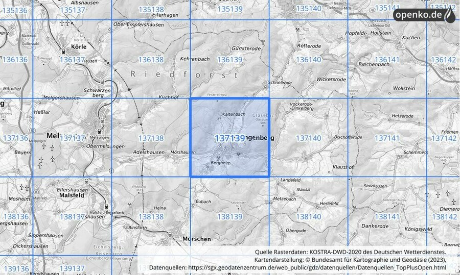 Übersichtskarte des KOSTRA-DWD-2020-Rasterfeldes Nr. 137139