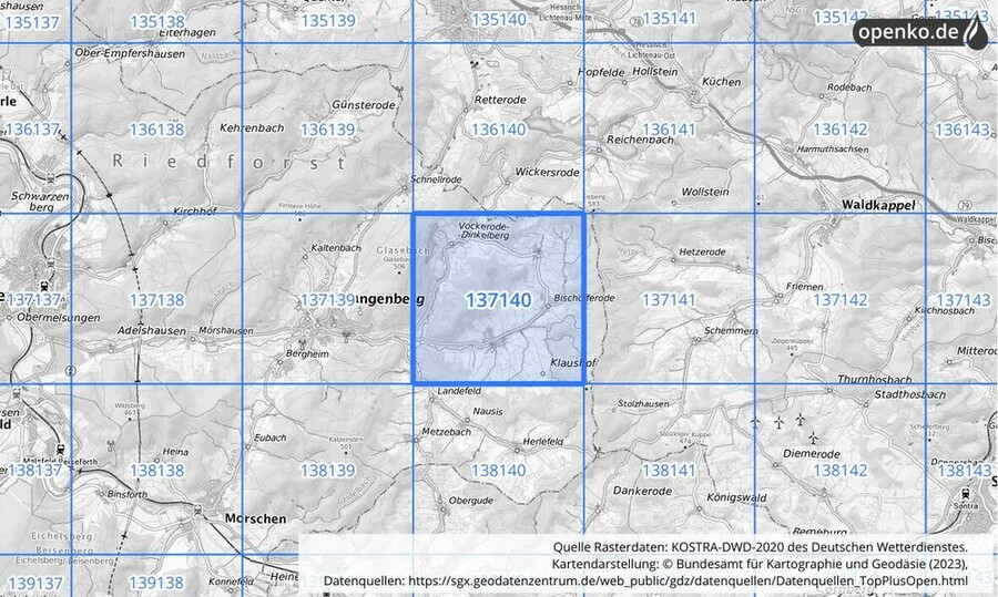 Übersichtskarte des KOSTRA-DWD-2020-Rasterfeldes Nr. 137140