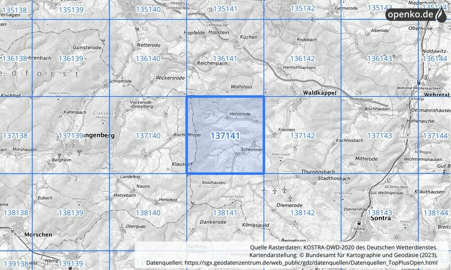 Übersichtskarte des KOSTRA-DWD-2020-Rasterfeldes Nr. 137141