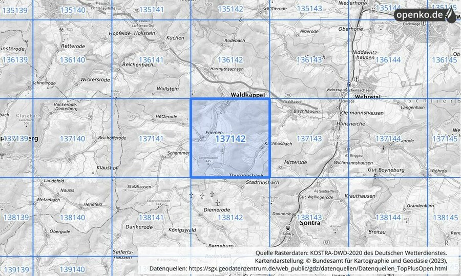 Übersichtskarte des KOSTRA-DWD-2020-Rasterfeldes Nr. 137142