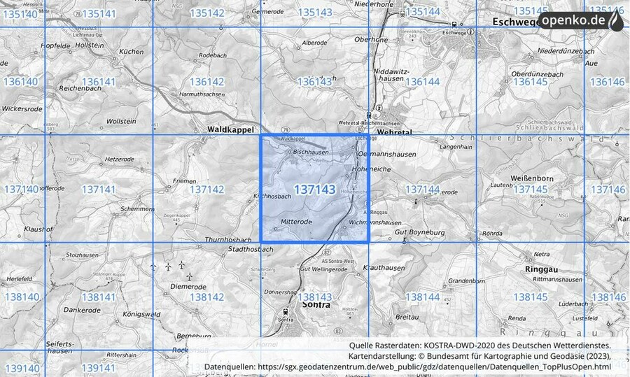 Übersichtskarte des KOSTRA-DWD-2020-Rasterfeldes Nr. 137143