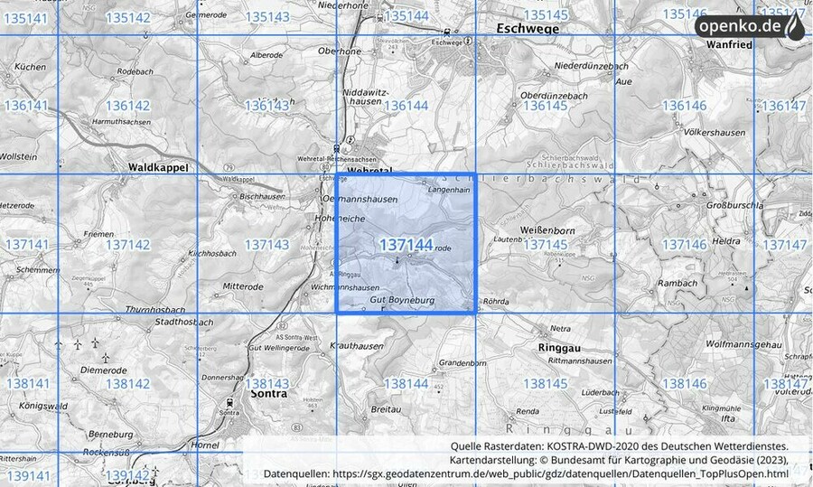 Übersichtskarte des KOSTRA-DWD-2020-Rasterfeldes Nr. 137144