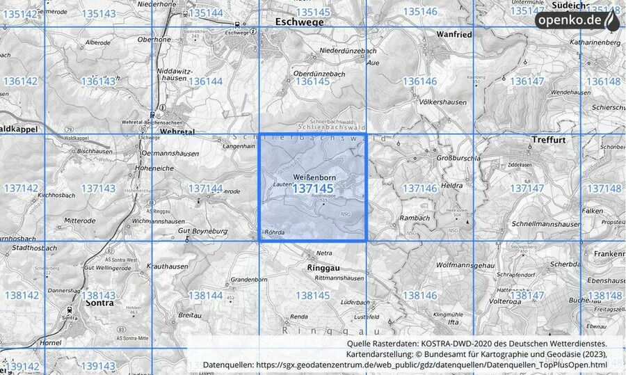 Übersichtskarte des KOSTRA-DWD-2020-Rasterfeldes Nr. 137145