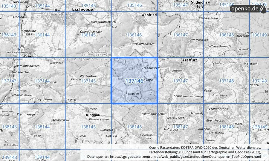 Übersichtskarte des KOSTRA-DWD-2020-Rasterfeldes Nr. 137146