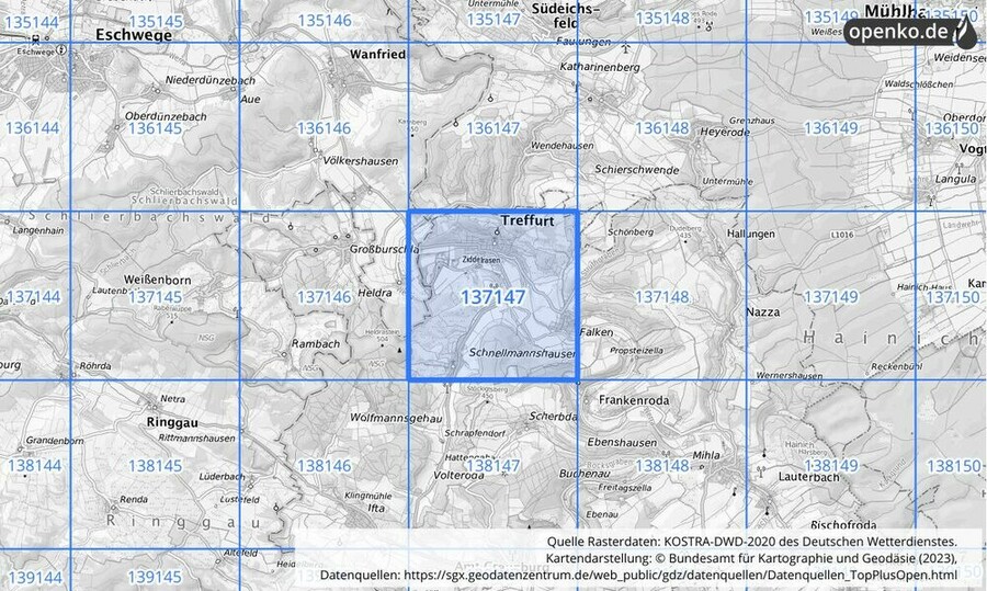 Übersichtskarte des KOSTRA-DWD-2020-Rasterfeldes Nr. 137147