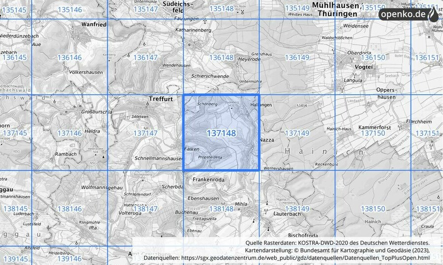 Übersichtskarte des KOSTRA-DWD-2020-Rasterfeldes Nr. 137148