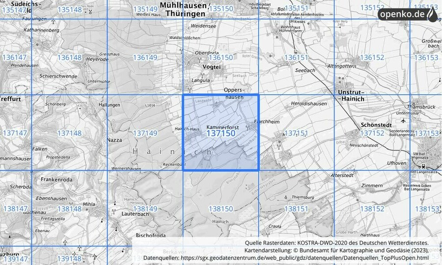 Übersichtskarte des KOSTRA-DWD-2020-Rasterfeldes Nr. 137150