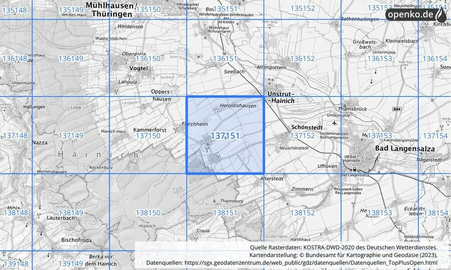 Übersichtskarte des KOSTRA-DWD-2020-Rasterfeldes Nr. 137151