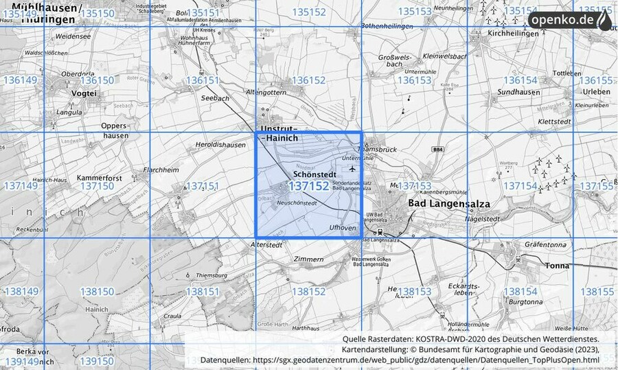 Übersichtskarte des KOSTRA-DWD-2020-Rasterfeldes Nr. 137152