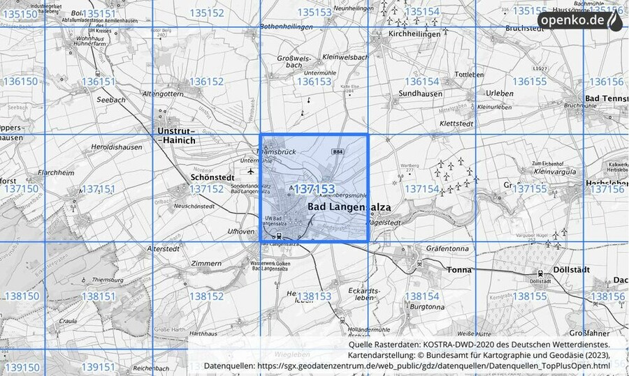 Übersichtskarte des KOSTRA-DWD-2020-Rasterfeldes Nr. 137153