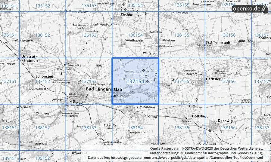 Übersichtskarte des KOSTRA-DWD-2020-Rasterfeldes Nr. 137154