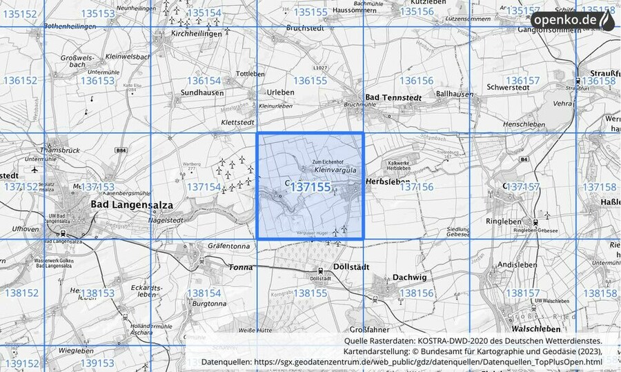 Übersichtskarte des KOSTRA-DWD-2020-Rasterfeldes Nr. 137155