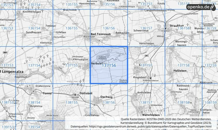 Übersichtskarte des KOSTRA-DWD-2020-Rasterfeldes Nr. 137156