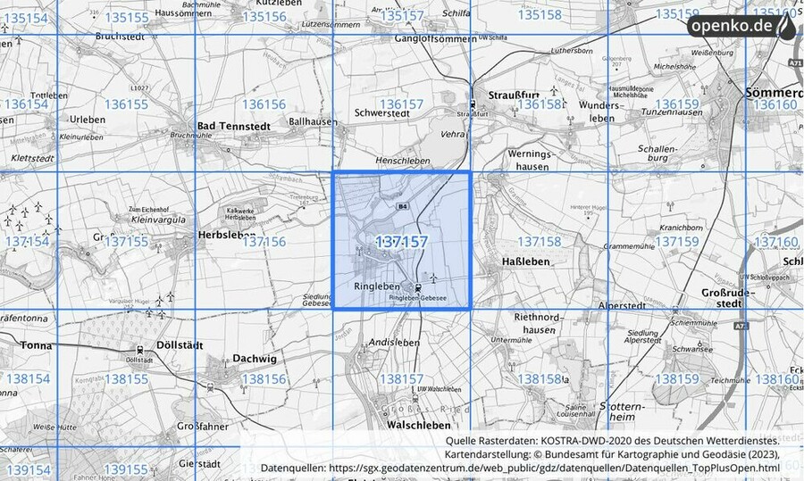 Übersichtskarte des KOSTRA-DWD-2020-Rasterfeldes Nr. 137157