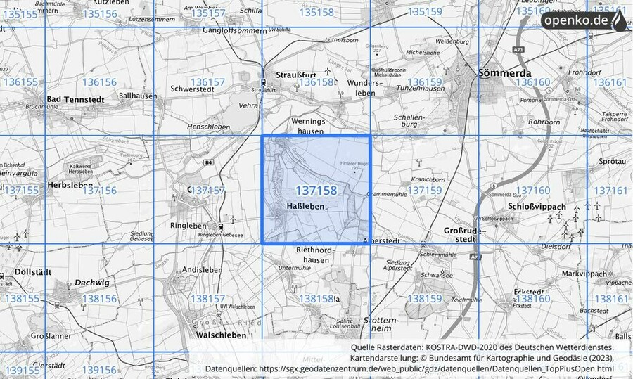 Übersichtskarte des KOSTRA-DWD-2020-Rasterfeldes Nr. 137158