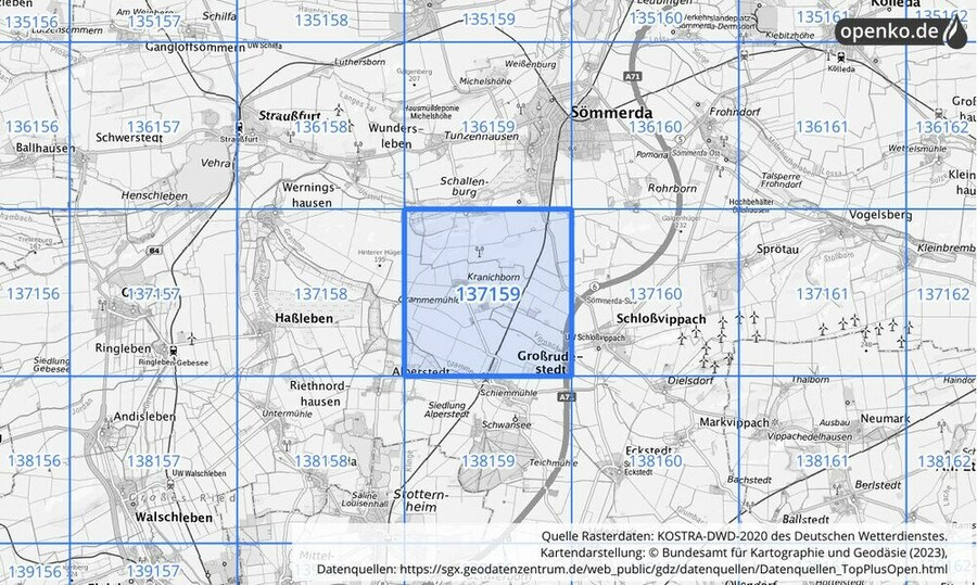 Übersichtskarte des KOSTRA-DWD-2020-Rasterfeldes Nr. 137159