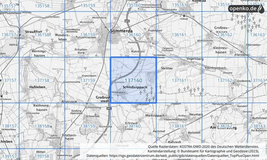 Übersichtskarte des KOSTRA-DWD-2020-Rasterfeldes Nr. 137160