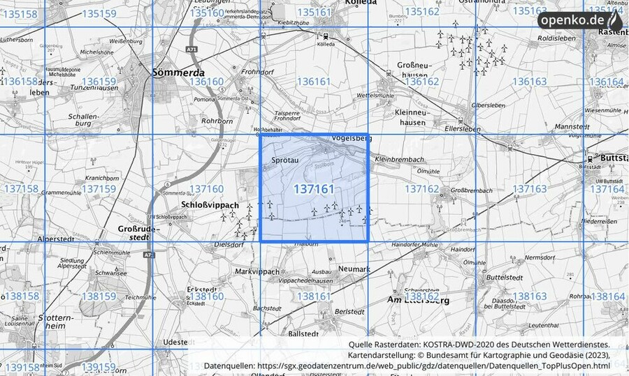 Übersichtskarte des KOSTRA-DWD-2020-Rasterfeldes Nr. 137161