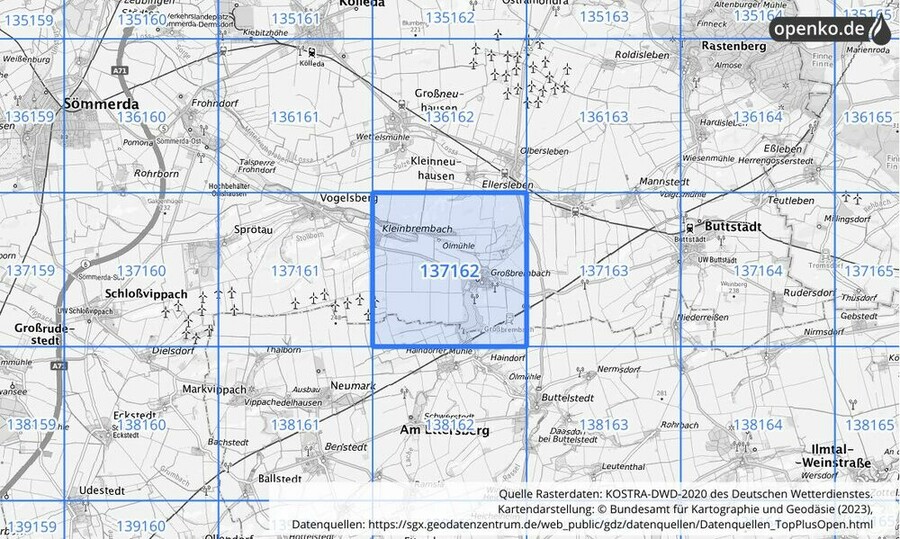 Übersichtskarte des KOSTRA-DWD-2020-Rasterfeldes Nr. 137162