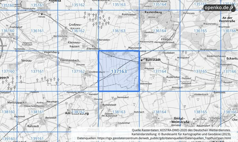 Übersichtskarte des KOSTRA-DWD-2020-Rasterfeldes Nr. 137163