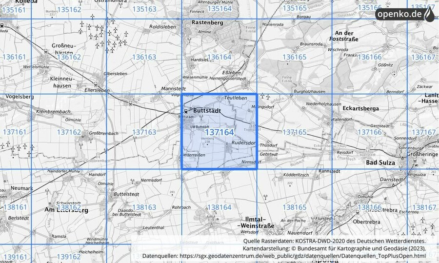 Übersichtskarte des KOSTRA-DWD-2020-Rasterfeldes Nr. 137164