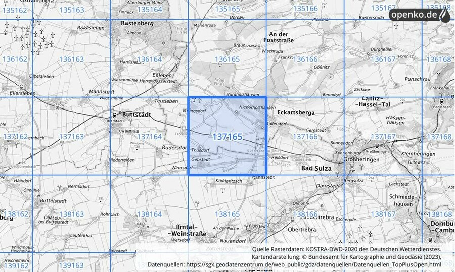 Übersichtskarte des KOSTRA-DWD-2020-Rasterfeldes Nr. 137165