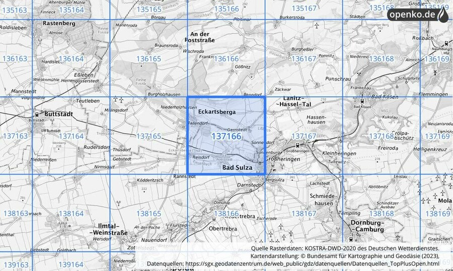 Übersichtskarte des KOSTRA-DWD-2020-Rasterfeldes Nr. 137166