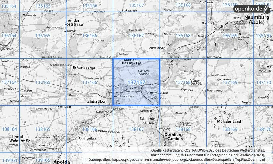 Übersichtskarte des KOSTRA-DWD-2020-Rasterfeldes Nr. 137167