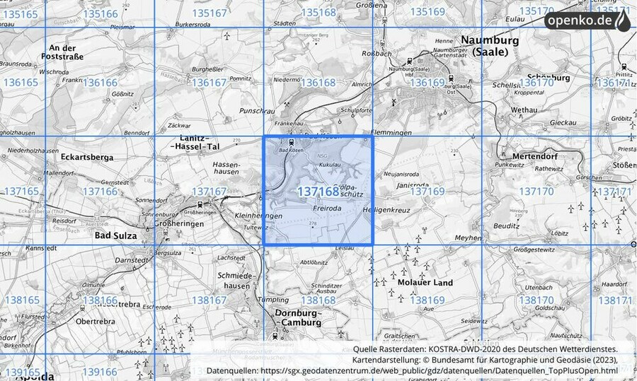 Übersichtskarte des KOSTRA-DWD-2020-Rasterfeldes Nr. 137168