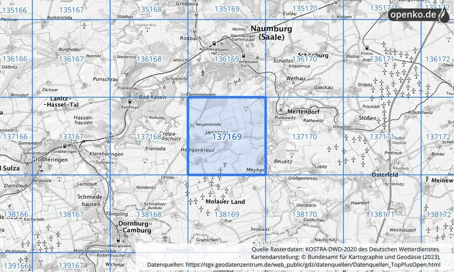 Übersichtskarte des KOSTRA-DWD-2020-Rasterfeldes Nr. 137169