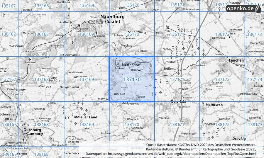 Übersichtskarte des KOSTRA-DWD-2020-Rasterfeldes Nr. 137170