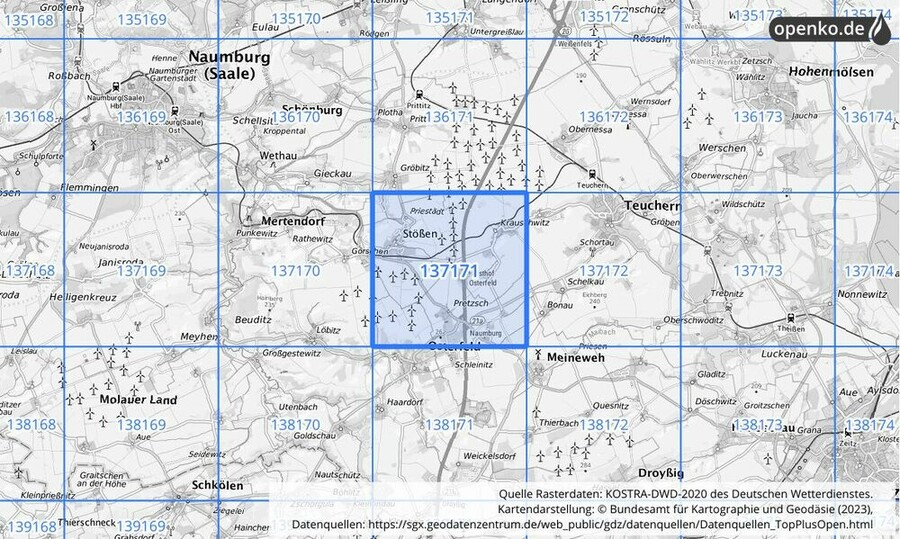 Übersichtskarte des KOSTRA-DWD-2020-Rasterfeldes Nr. 137171